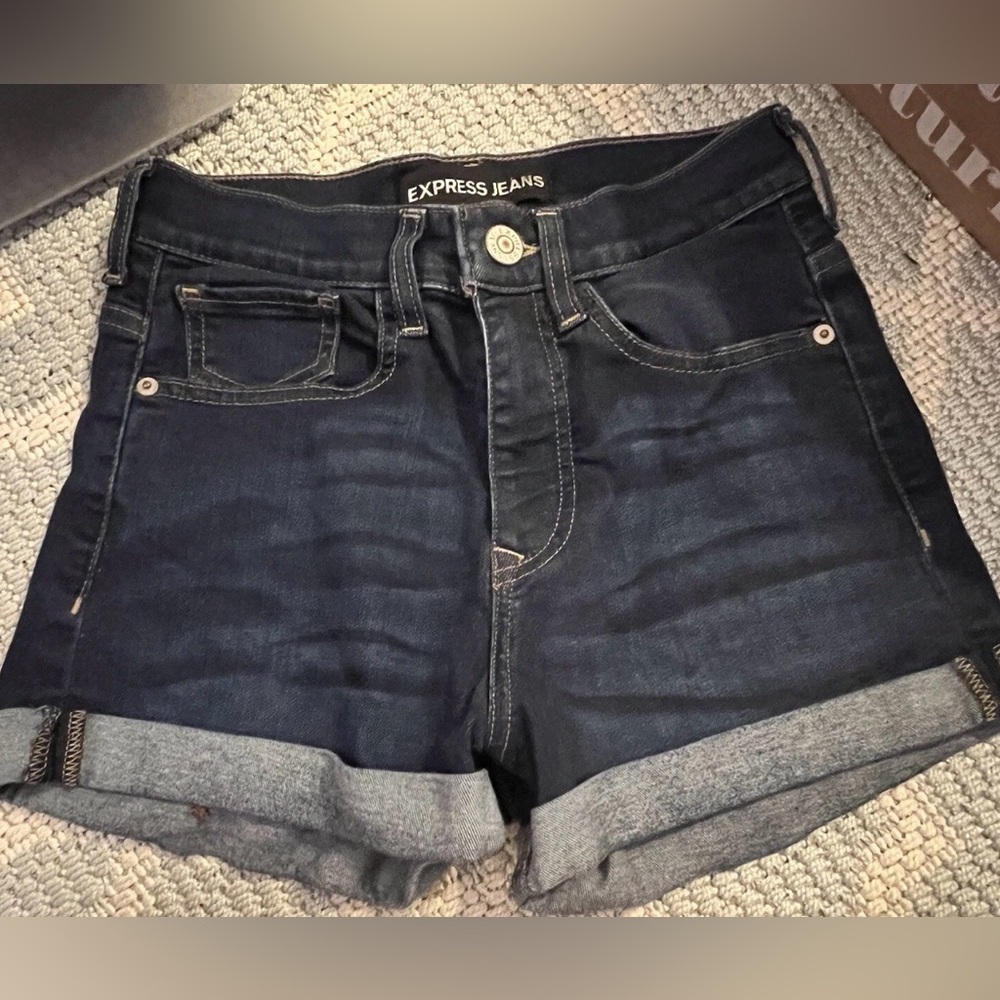 Express Dark Blue Cuffed High Waisted Jean Shorts 0